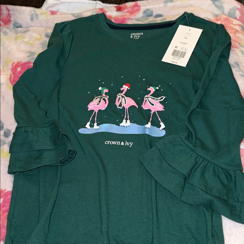 crown & ivy Dark Green Long-Sleeve Top with Pink Flamingo Ice Skaters